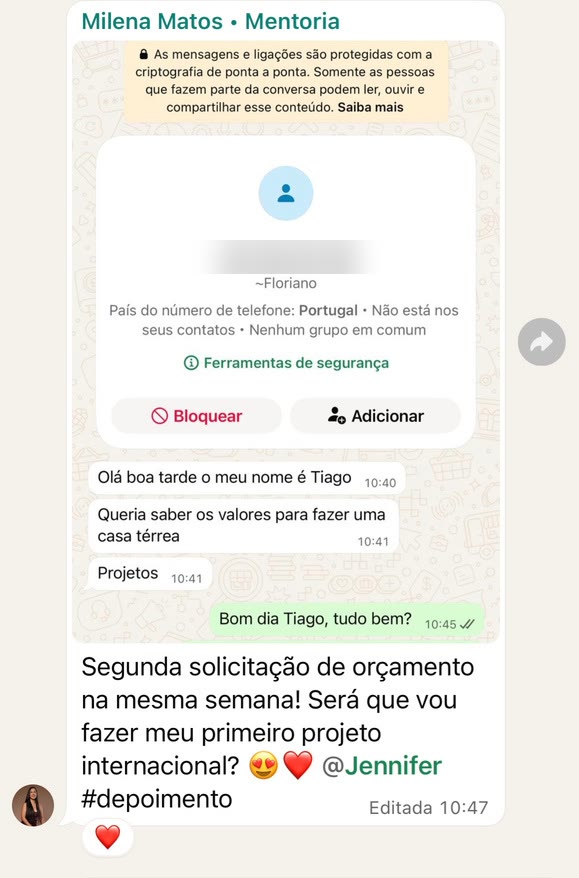 Pedido de orçamento recebido pela Milena