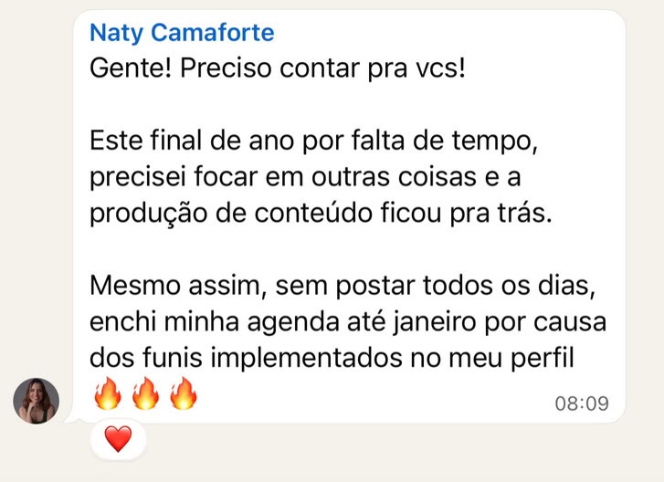 Mensagem da Naty sobre a agenda lotada